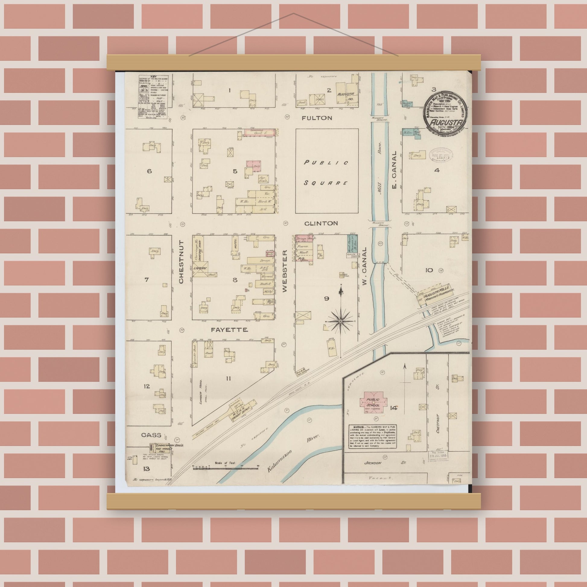 Old map wall art mockup — magnetic wood frame on brick wall — Sanborn Fire Insurance Map from Augusta, Kalamazoo County, Michigan (1884), Sheet #0001