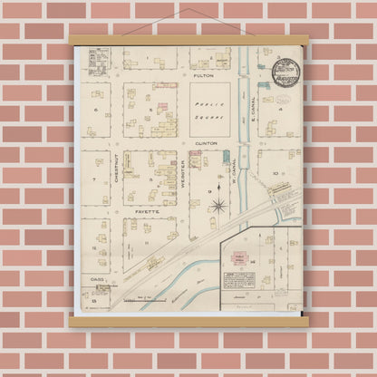 Old map wall art mockup — magnetic wood frame on brick wall — Sanborn Fire Insurance Map from Augusta, Kalamazoo County, Michigan (1884), Sheet #0001