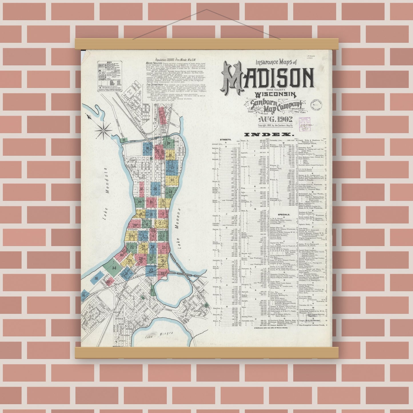 Old map wall art mockup — magnetic wood frame on brick wall — Sanborn Fire Insurance Map from Madison, Dane County, Wisconsin (1902), Sheet #0001