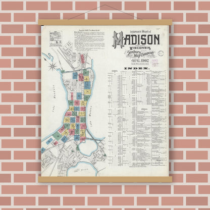 Old map wall art mockup — magnetic wood frame on brick wall — Sanborn Fire Insurance Map from Madison, Dane County, Wisconsin (1902), Sheet #0001