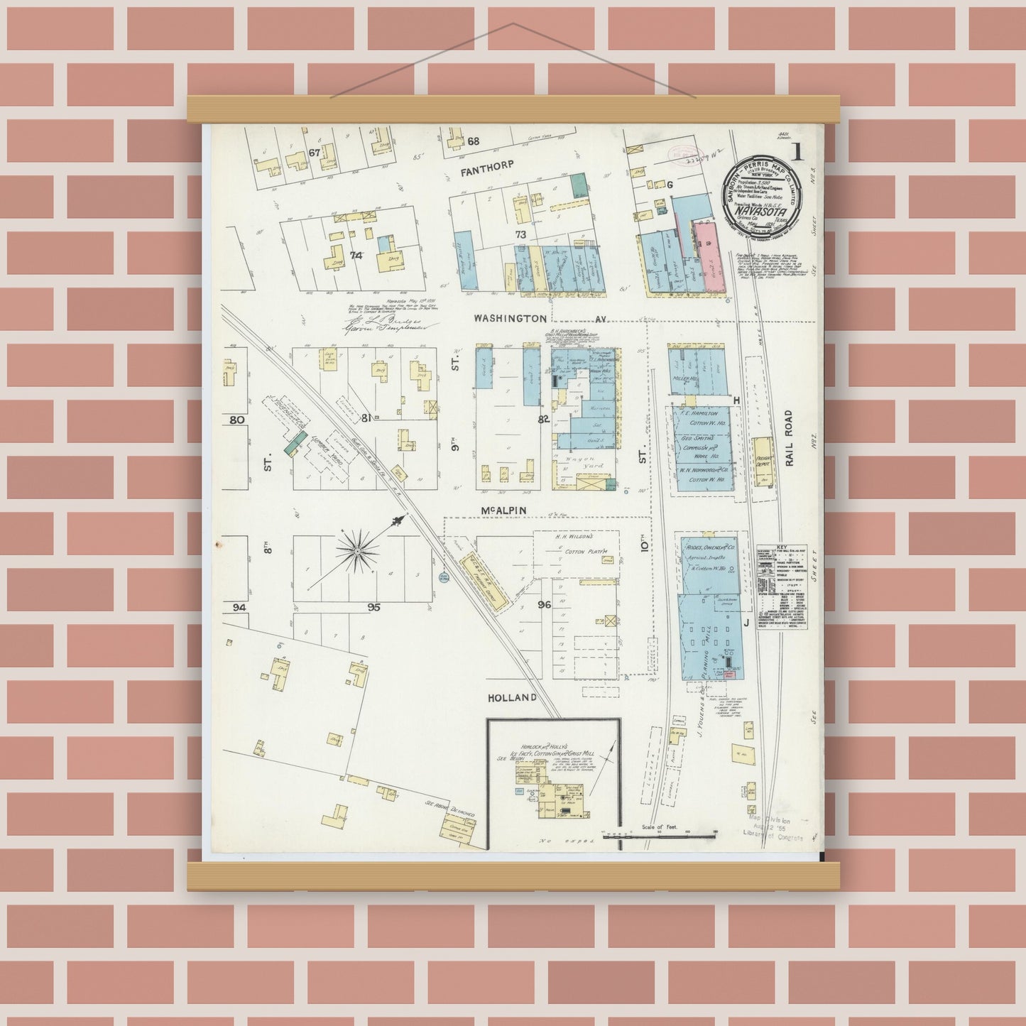 Old map wall art mockup — magnetic wood frame on brick wall — Sanborn Fire Insurance Map from Navasota, Grimes County, Texas (1891), Sheet #0001