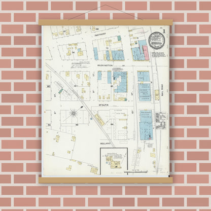 Old map wall art mockup — magnetic wood frame on brick wall — Sanborn Fire Insurance Map from Navasota, Grimes County, Texas (1891), Sheet #0001