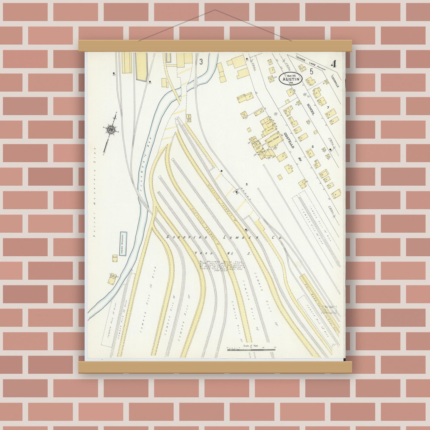 Old map wall art mockup — magnetic wood frame on brick wall — Sanborn Fire Insurance Map from Austin, Potter County, Pennsylvania (1911), Sheet #0004