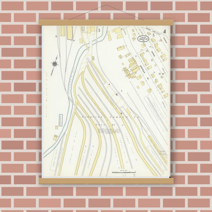 Old map wall art mockup — magnetic wood frame on brick wall — Sanborn Fire Insurance Map from Austin, Potter County, Pennsylvania (1911), Sheet #0004