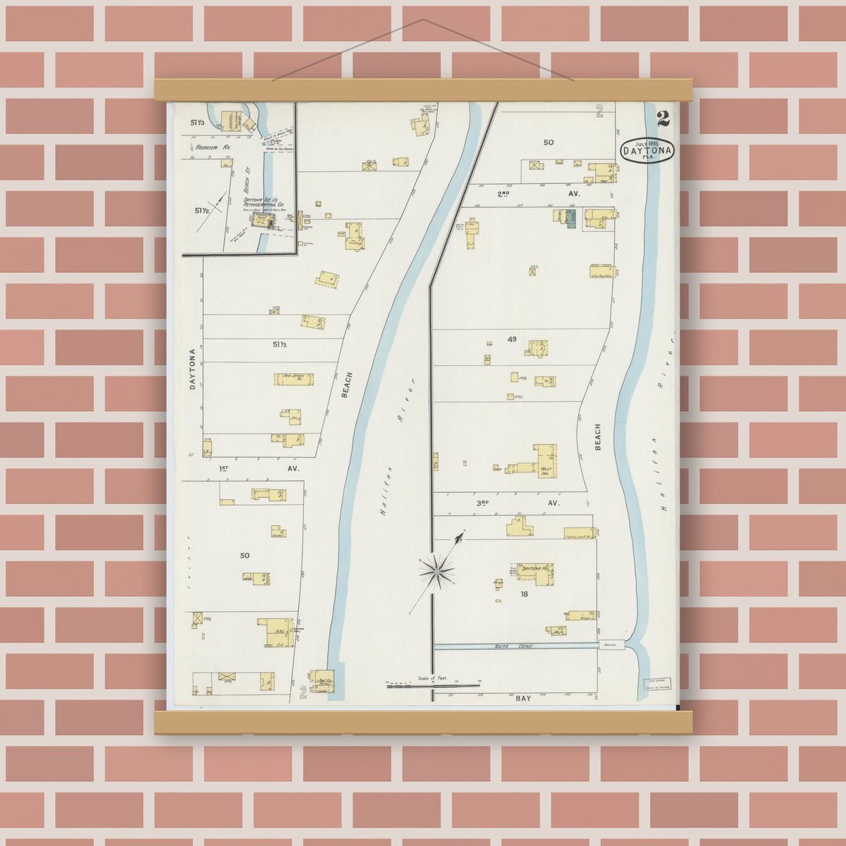 Old map wall art mockup — magnetic wood frame on brick wall — Sanborn Fire Insurance Map from Daytona, Volusia County, Florida (1895), Sheet #0002