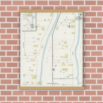 Old map wall art mockup — magnetic wood frame on brick wall — Sanborn Fire Insurance Map from Daytona, Volusia County, Florida (1895), Sheet #0002