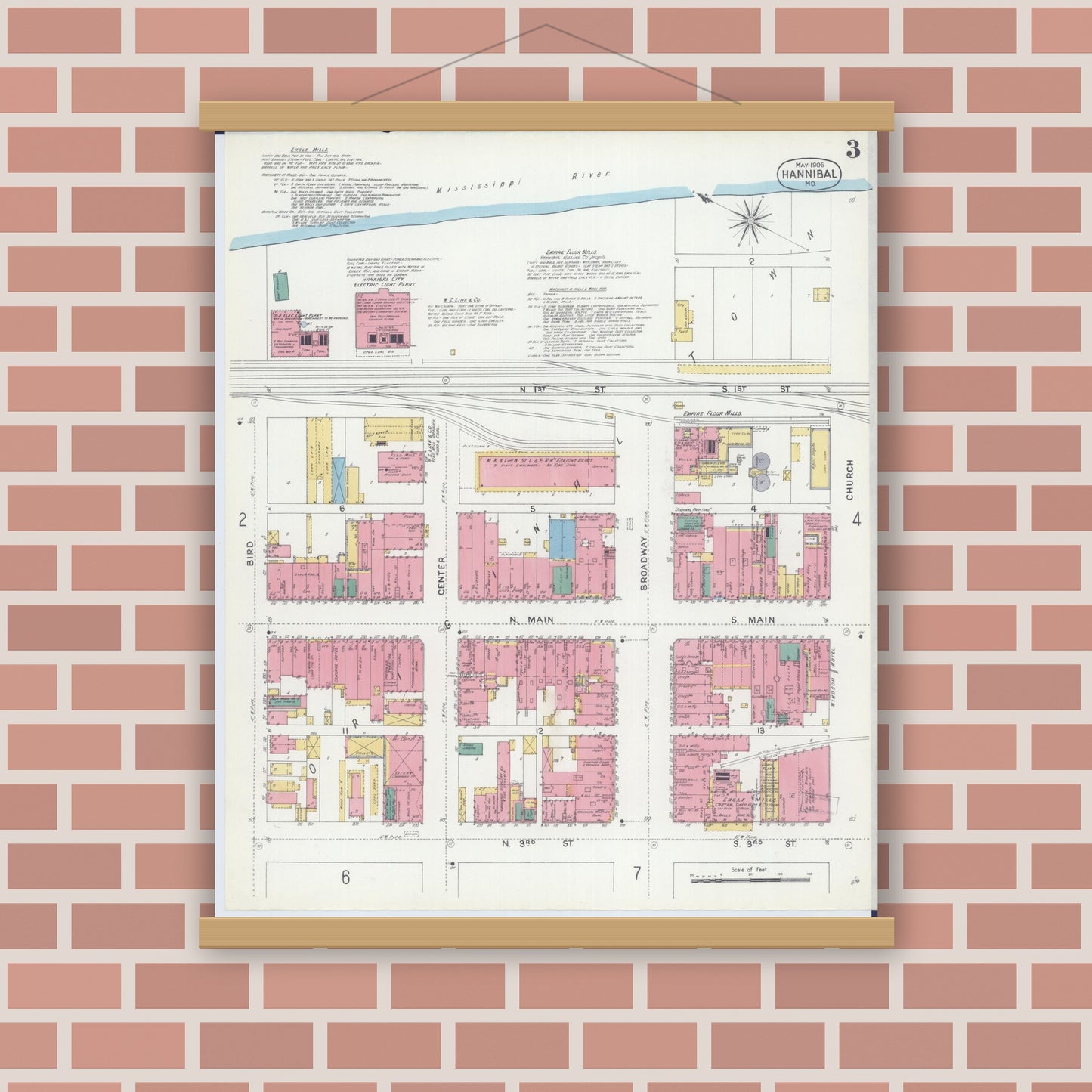 Old map wall art mockup — magnetic wood frame on brick wall — Sanborn Fire Insurance Map from Hannibal, Marion County, Missouri (1906), Sheet #0003