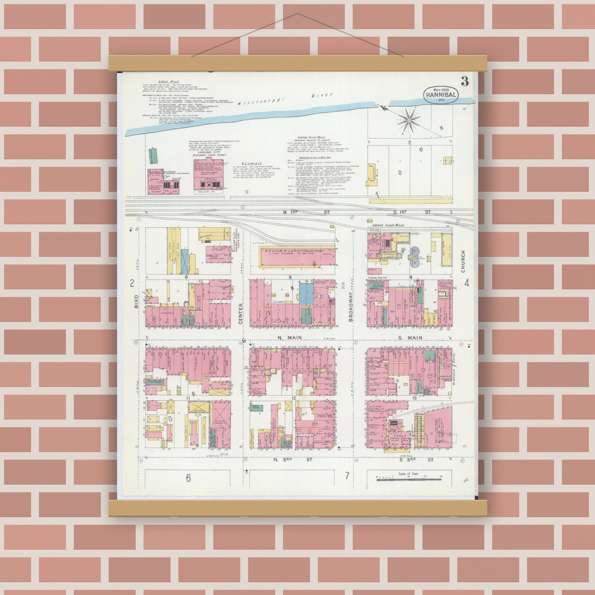 Old map wall art mockup — magnetic wood frame on brick wall — Sanborn Fire Insurance Map from Hannibal, Marion County, Missouri (1906), Sheet #0003