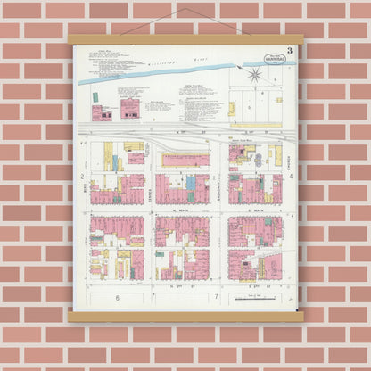 Old map wall art mockup — magnetic wood frame on brick wall — Sanborn Fire Insurance Map from Hannibal, Marion County, Missouri (1906), Sheet #0003