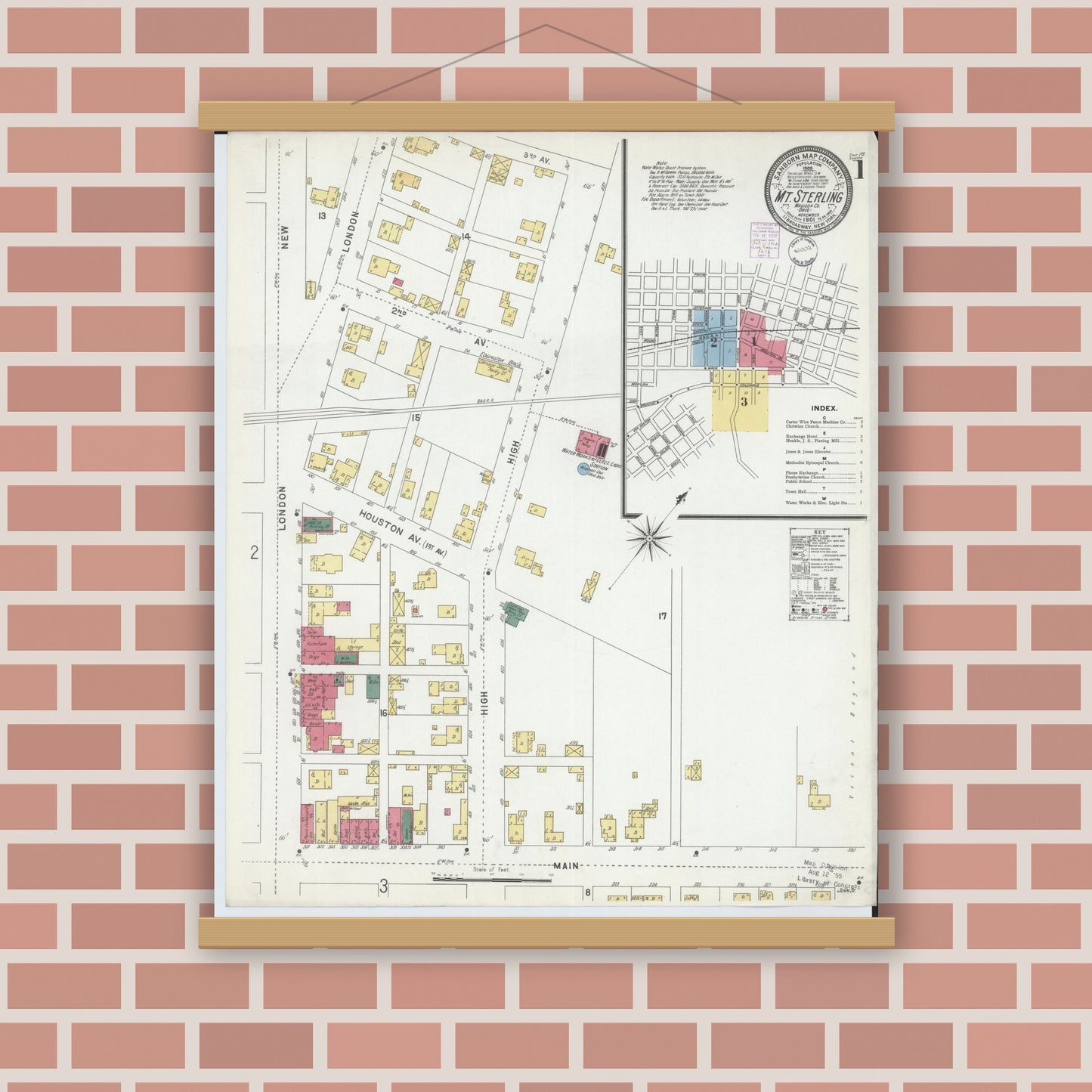 Old map wall art mockup — magnetic wood frame on brick wall — Sanborn Fire Insurance Map from Mount Sterling, Madison County, Ohio (1901), Sheet #0001