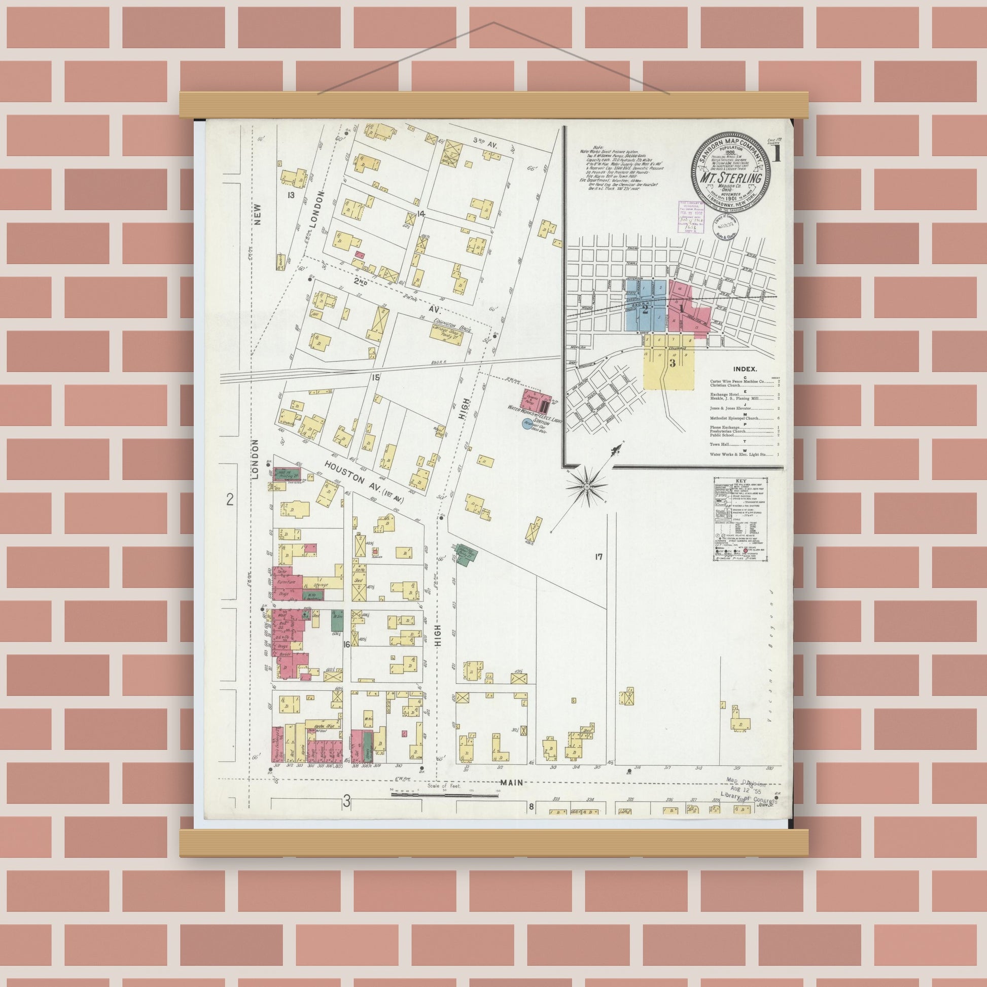 Old map wall art mockup — magnetic wood frame on brick wall — Sanborn Fire Insurance Map from Mount Sterling, Madison County, Ohio (1901), Sheet #0001