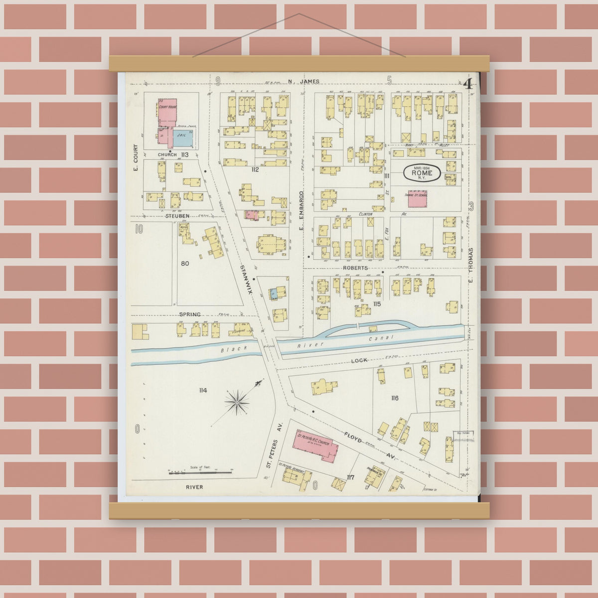 Old map wall art mockup — magnetic wood frame on brick wall — Sanborn Fire Insurance Map from Rome, Oneida County, New York (1894), Sheet #0004