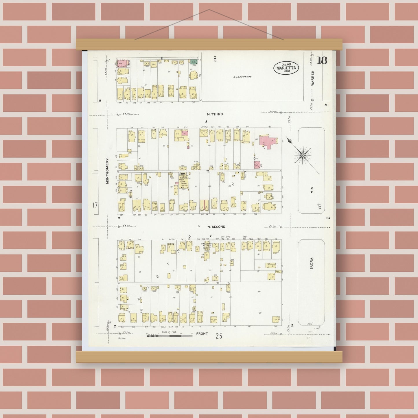 Old map wall art mockup — magnetic wood frame on brick wall — Sanborn Fire Insurance Map from Marietta, Washington County, Ohio (1907), Sheet #0018