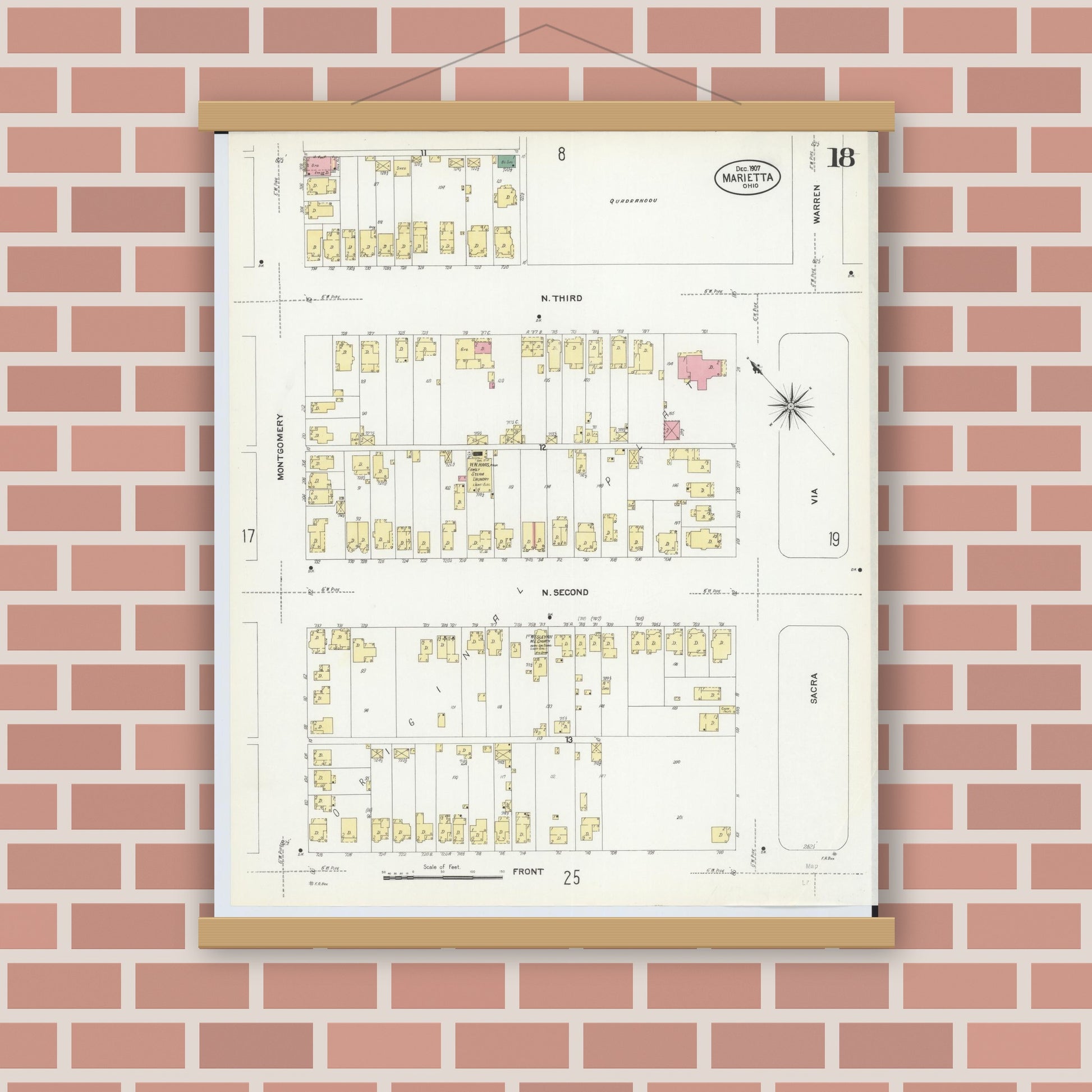 Old map wall art mockup — magnetic wood frame on brick wall — Sanborn Fire Insurance Map from Marietta, Washington County, Ohio (1907), Sheet #0018