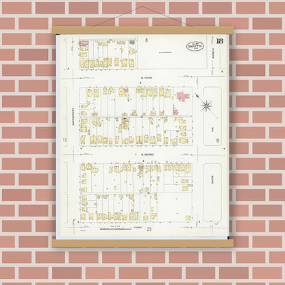 Old map wall art mockup — magnetic wood frame on brick wall — Sanborn Fire Insurance Map from Marietta, Washington County, Ohio (1907), Sheet #0018
