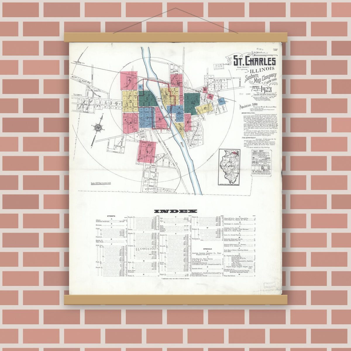 Old map wall art mockup — magnetic wood frame on brick wall — Sanborn Fire Insurance Map from Saint Charles, Kane County, Illinois (1923), Sheet #0001