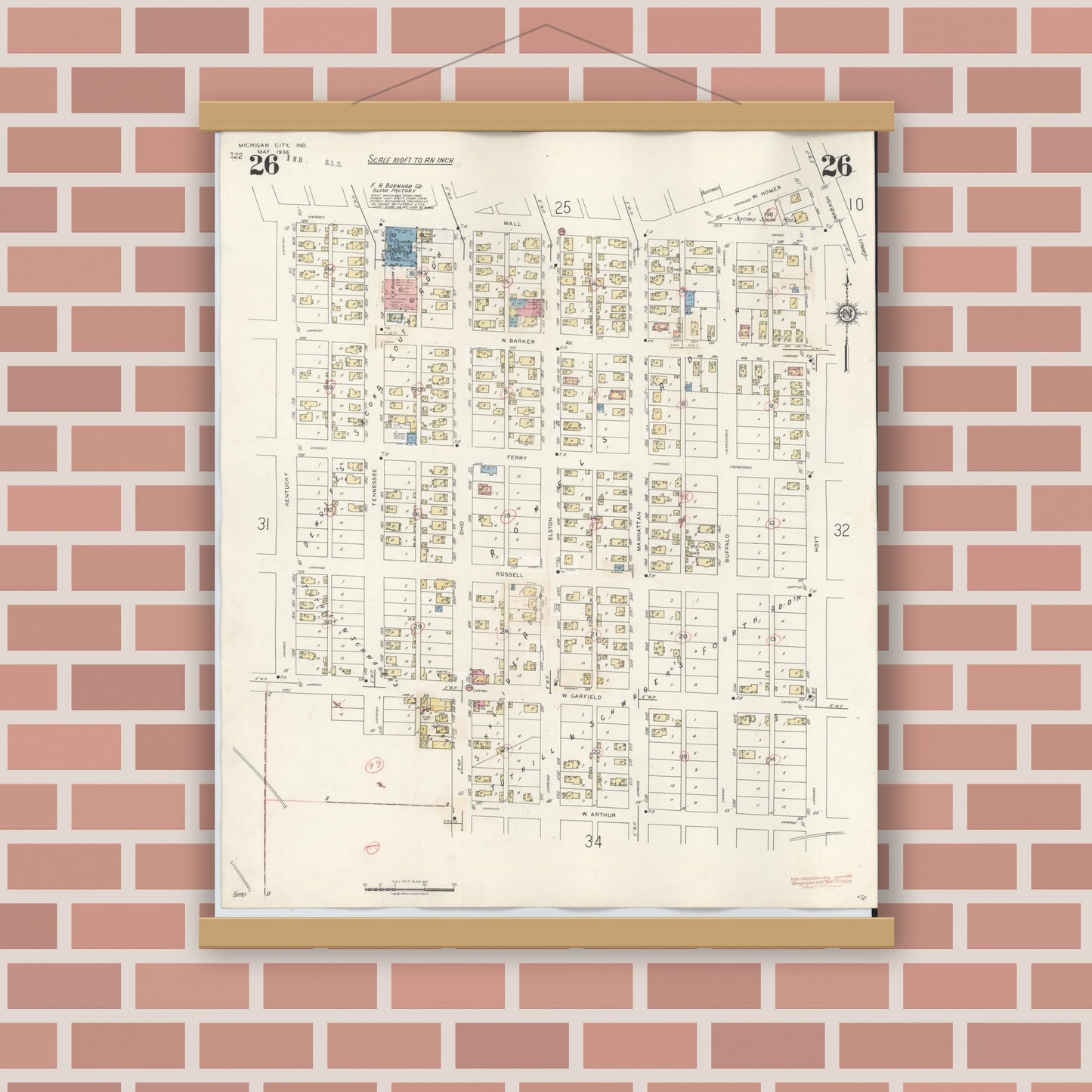 Old map wall art mockup — magnetic wood frame on brick wall — Sanborn Fire Insurance Map from Michigan City, La Porte County, Indiana (1948), Sheet #0026