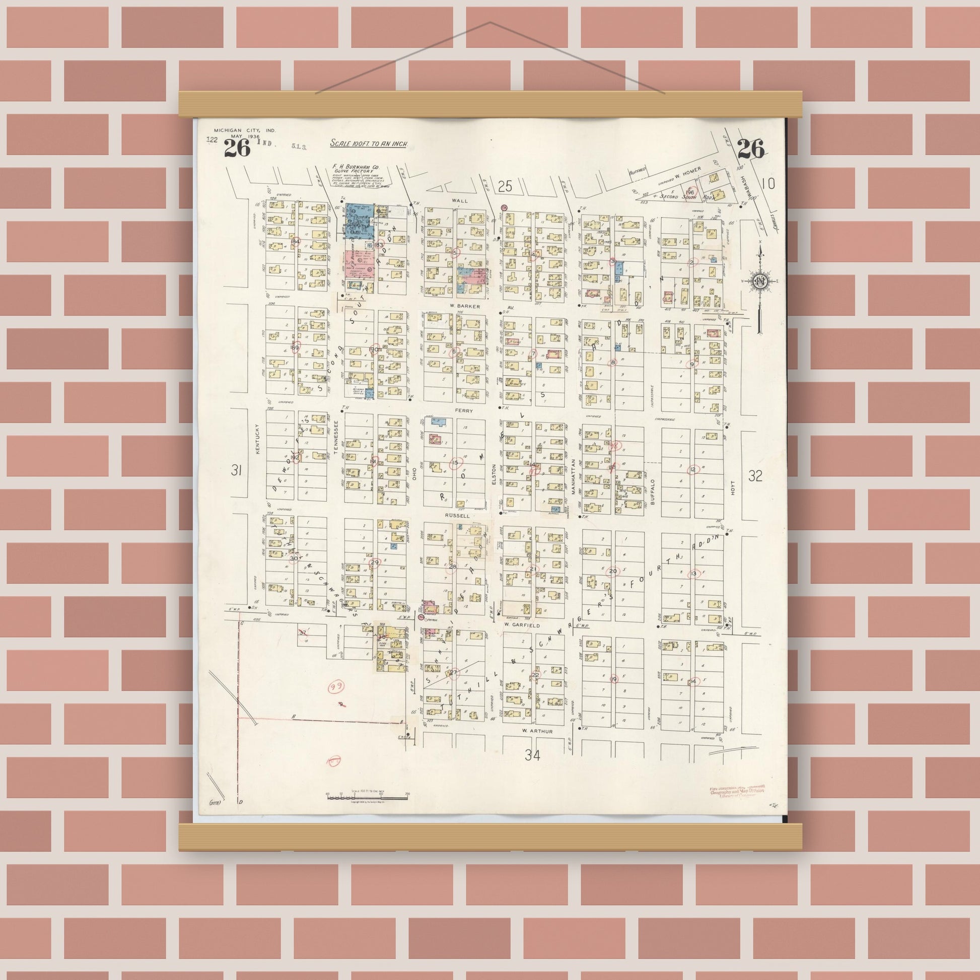 Old map wall art mockup — magnetic wood frame on brick wall — Sanborn Fire Insurance Map from Michigan City, La Porte County, Indiana (1948), Sheet #0026
