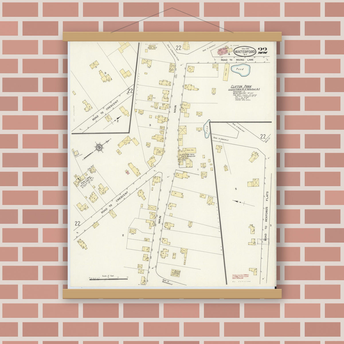 Old map wall art mockup — magnetic wood frame on brick wall — Sanborn Fire Insurance Map from Waterford, Saratoga County, New York (1914), Sheet #0022