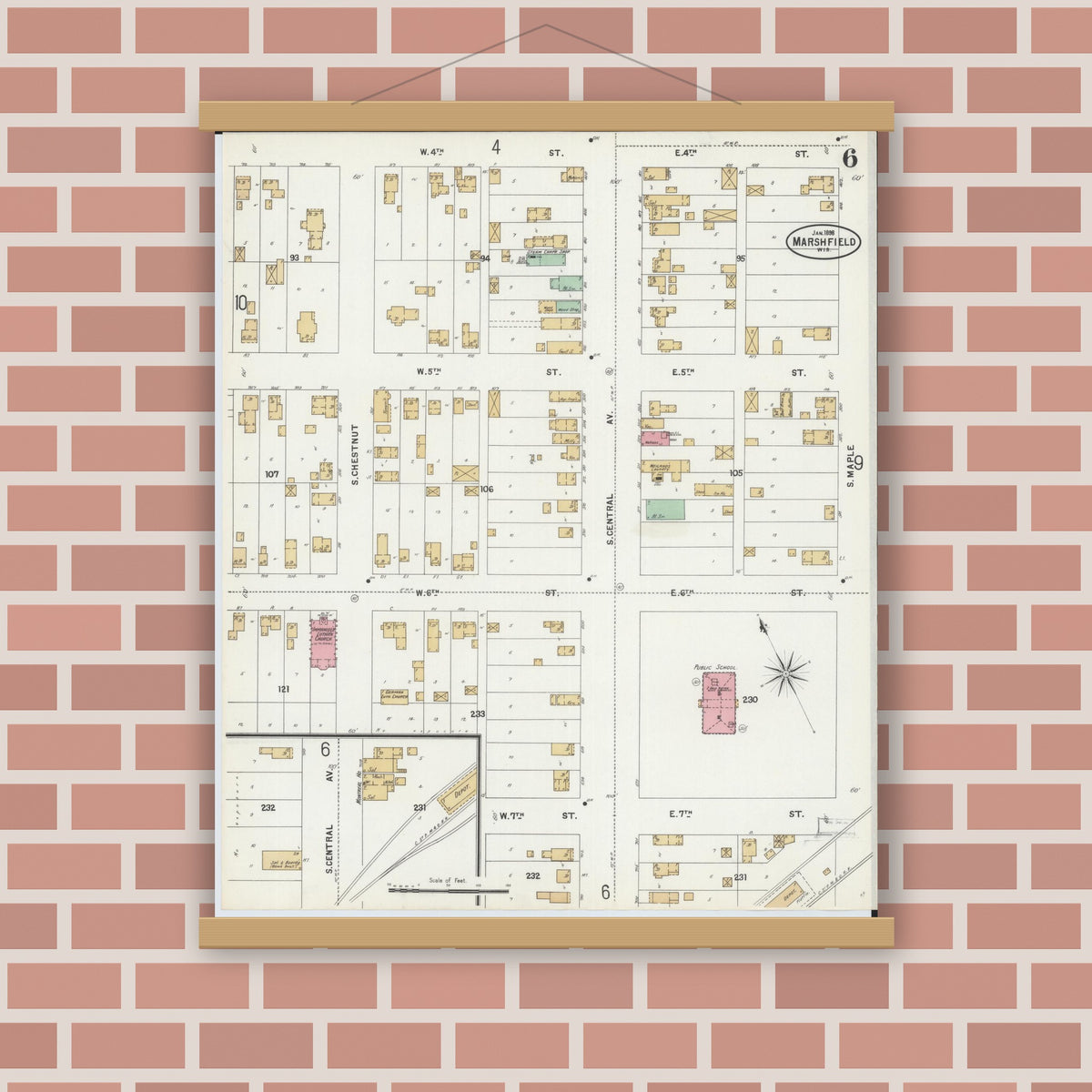 Old map wall art mockup — magnetic wood frame on brick wall — Sanborn Fire Insurance Map from Marshfield, Wood County, Wisconsin (1898), Sheet #0006