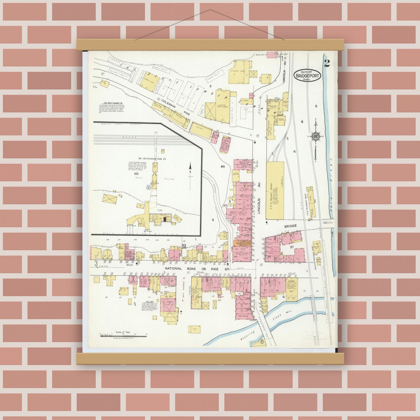 Old map wall art mockup — magnetic wood frame on brick wall — Sanborn Fire Insurance Map from Bridgeport, Belmont County, Ohio (1917), Sheet #0002