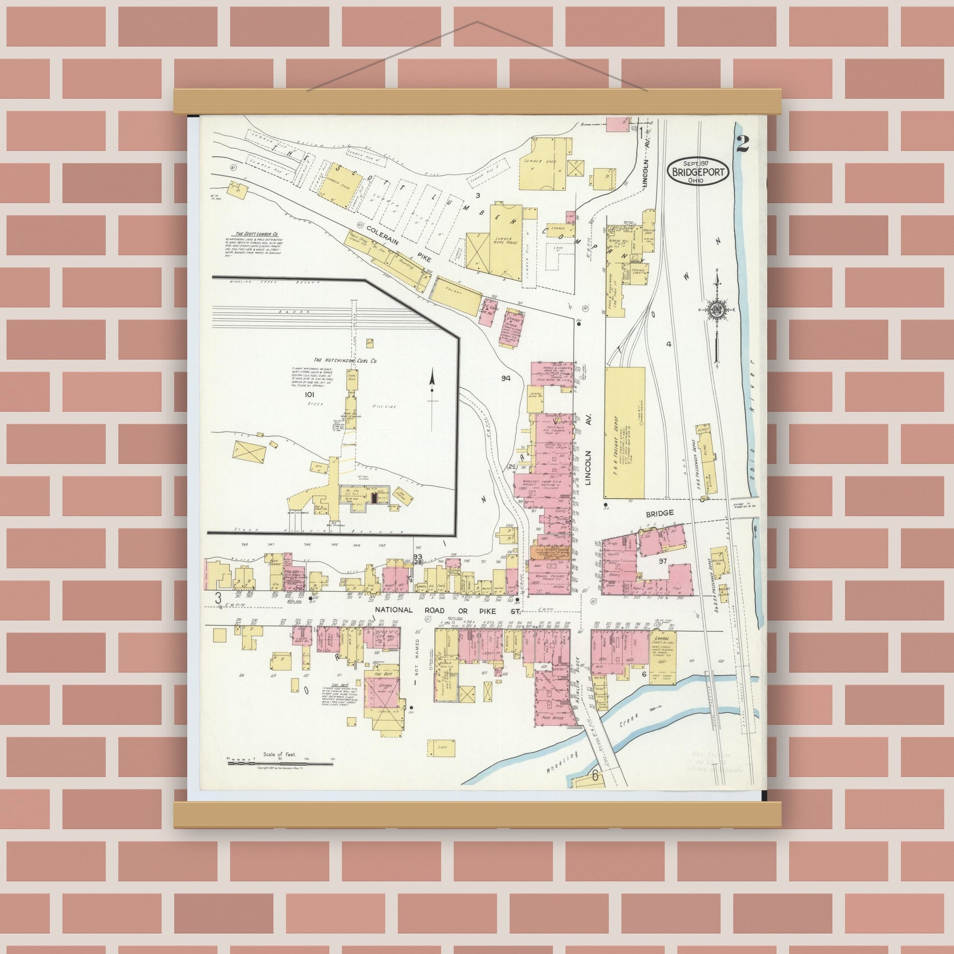 Old map wall art mockup — magnetic wood frame on brick wall — Sanborn Fire Insurance Map from Bridgeport, Belmont County, Ohio (1917), Sheet #0002
