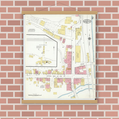 Old map wall art mockup — magnetic wood frame on brick wall — Sanborn Fire Insurance Map from Bridgeport, Belmont County, Ohio (1917), Sheet #0002