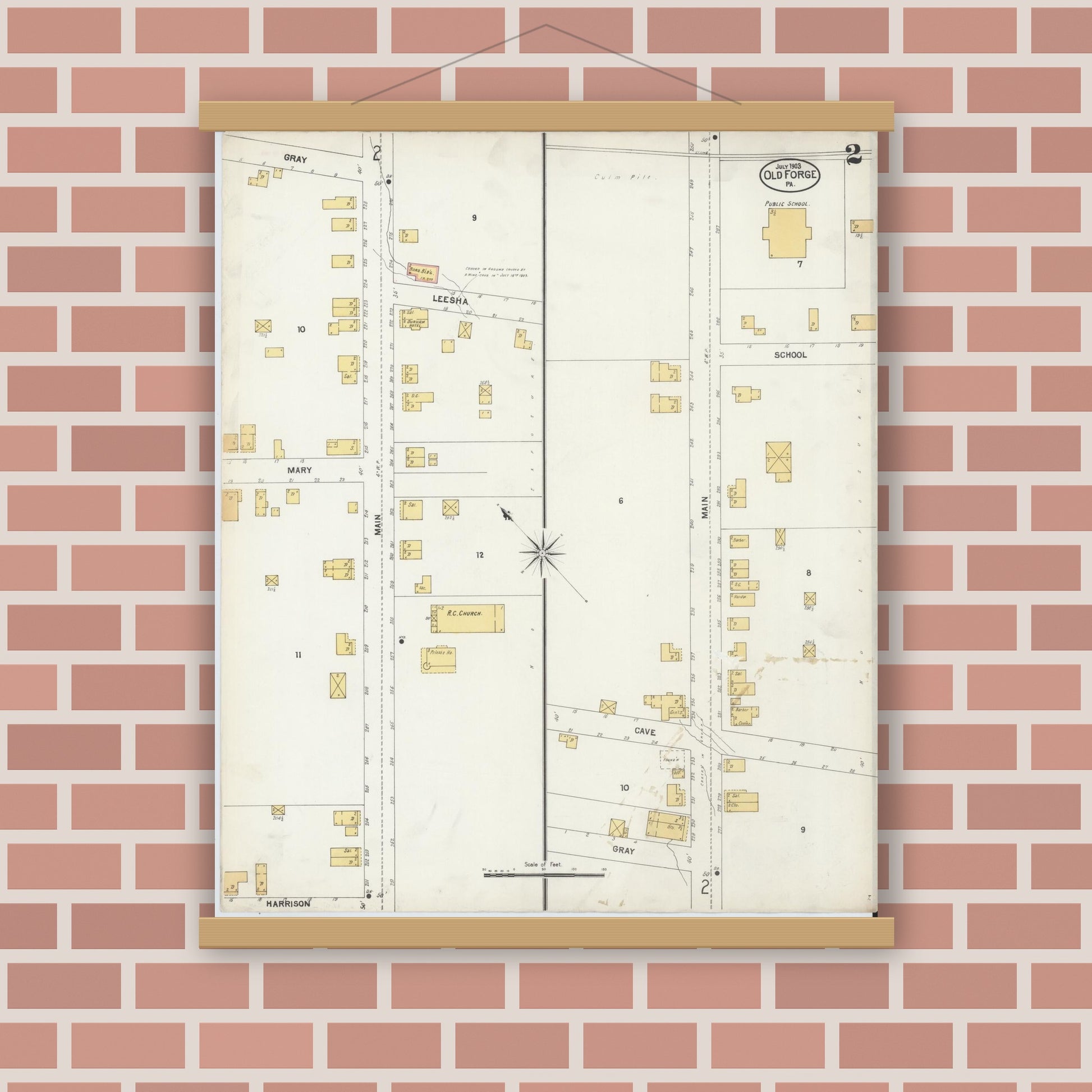 Old map wall art mockup — magnetic wood frame on brick wall — Sanborn Fire Insurance Map from Old Forge, Luzerne County, Pennsylvania (1903), Sheet #0002