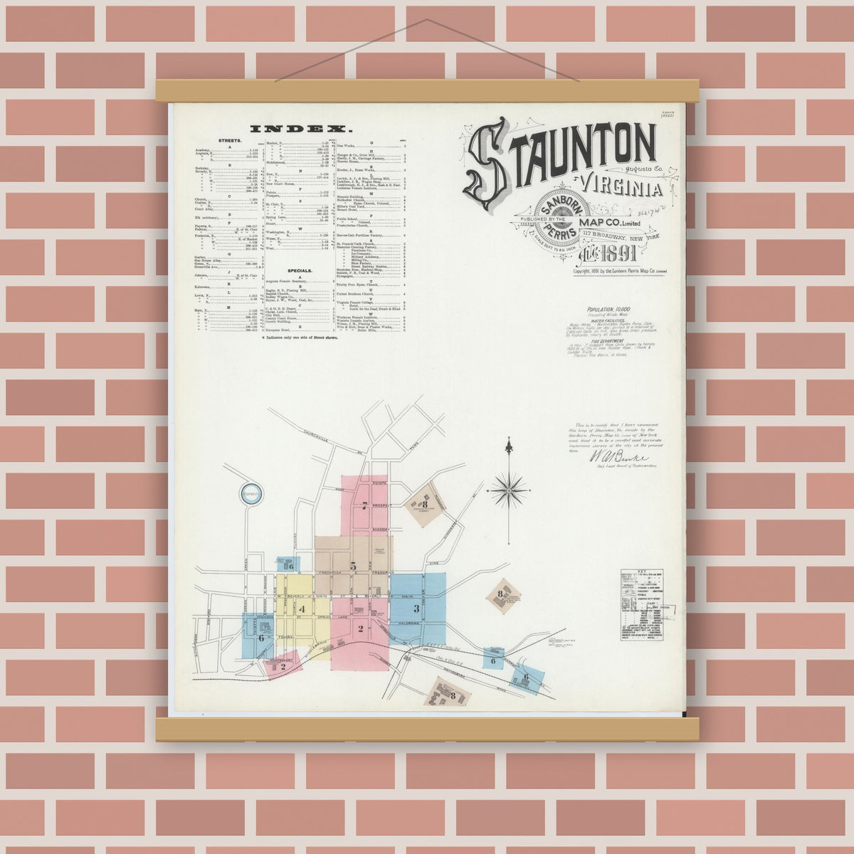 Old map wall art mockup — magnetic wood frame on brick wall — Sanborn Fire Insurance Map from Staunton, Independent Cities, Virginia (1891), Sheet #0001
