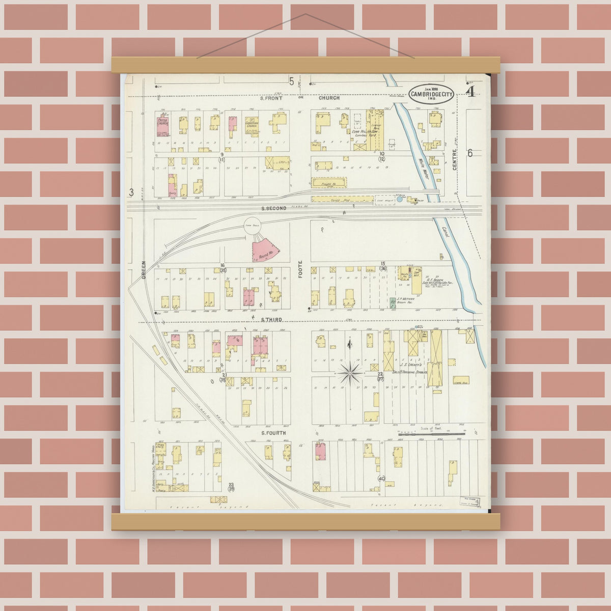 Old map wall art mockup — magnetic wood frame on brick wall — Sanborn Fire Insurance Map from Cambridge City, Wayne County, Indiana (1898), Sheet #0004
