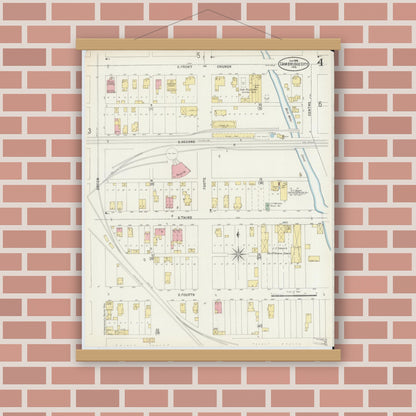 Old map wall art mockup — magnetic wood frame on brick wall — Sanborn Fire Insurance Map from Cambridge City, Wayne County, Indiana (1898), Sheet #0004