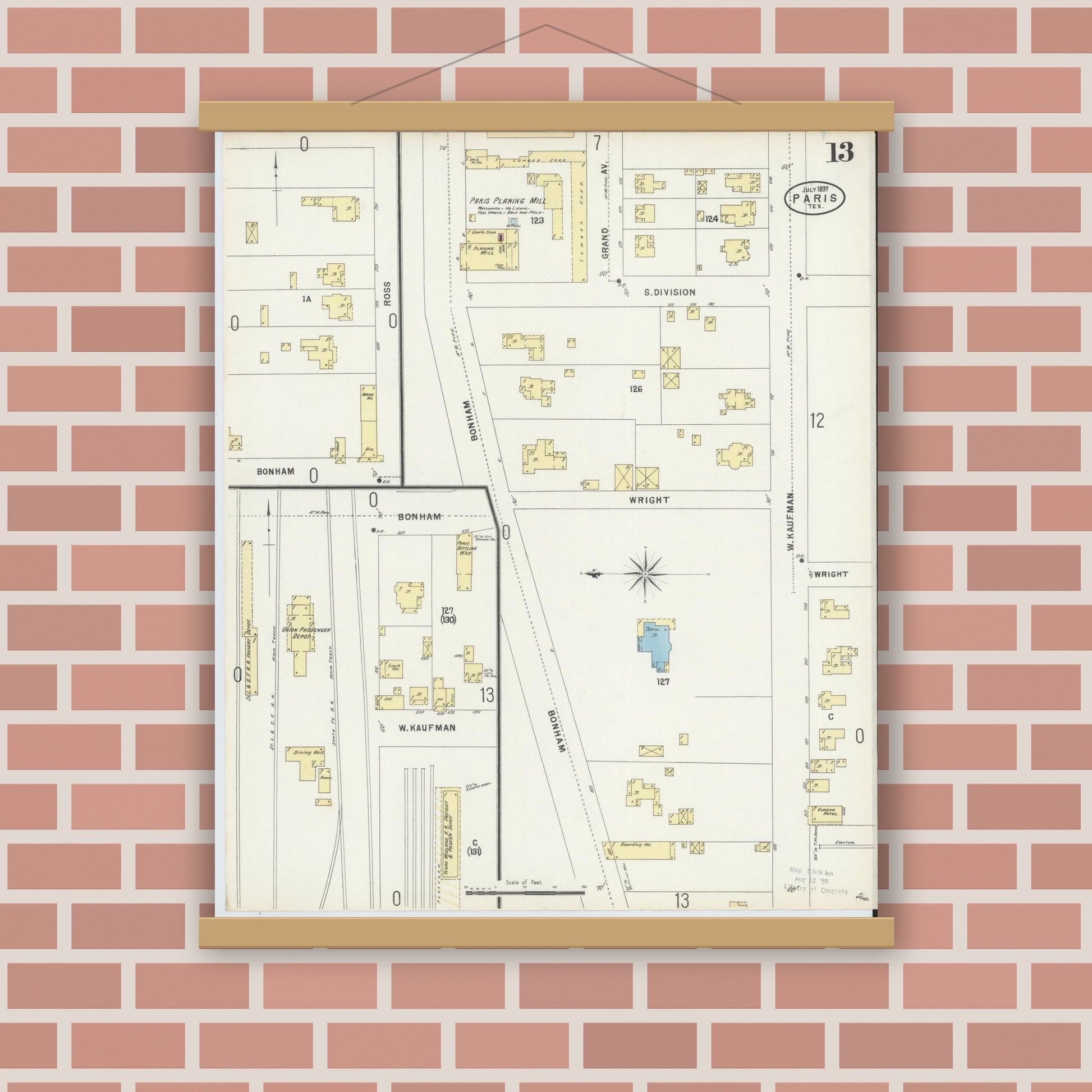 Old map wall art mockup — magnetic wood frame on brick wall — Sanborn Fire Insurance Map from Paris, Lamar County, Texas (1897), Sheet #0013