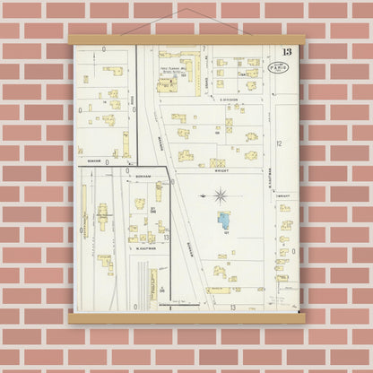 Old map wall art mockup — magnetic wood frame on brick wall — Sanborn Fire Insurance Map from Paris, Lamar County, Texas (1897), Sheet #0013