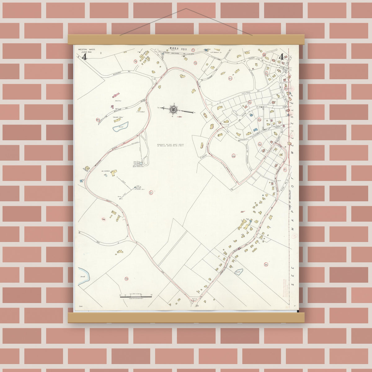 Old map wall art mockup — magnetic wood frame on brick wall — Sanborn Fire Insurance Map from Weston, Middlesex County, Massachusetts (1941), Sheet #0004