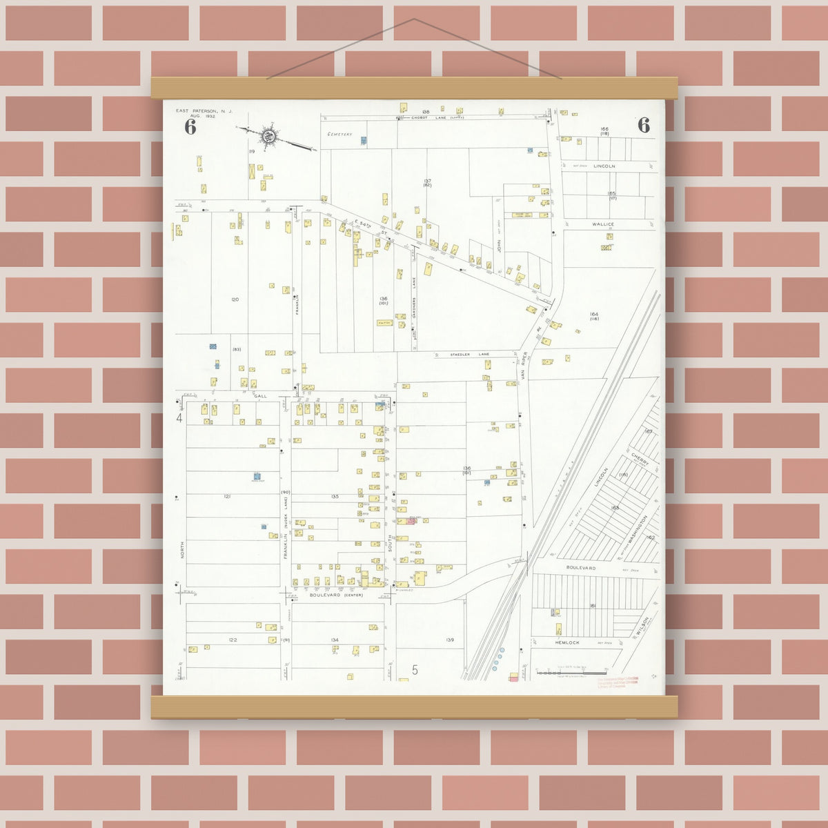 Old map wall art mockup — magnetic wood frame on brick wall — Sanborn Fire Insurance Map from East Paterson, Bergen County, New Jersey (1932), Sheet #0006
