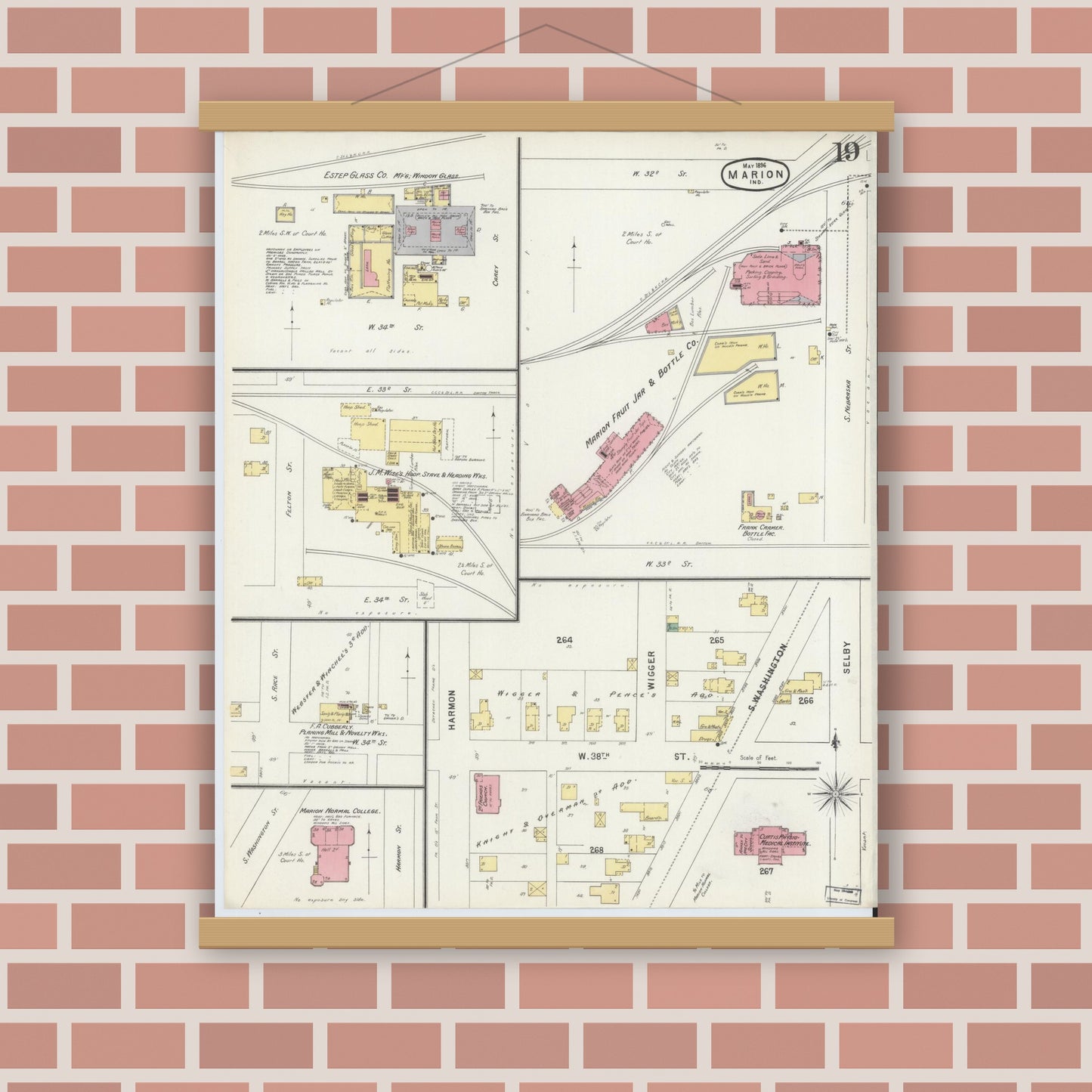 Old map wall art mockup — magnetic wood frame on brick wall — Sanborn Fire Insurance Map from Marion, Grant County, Indiana (1896), Sheet #0019