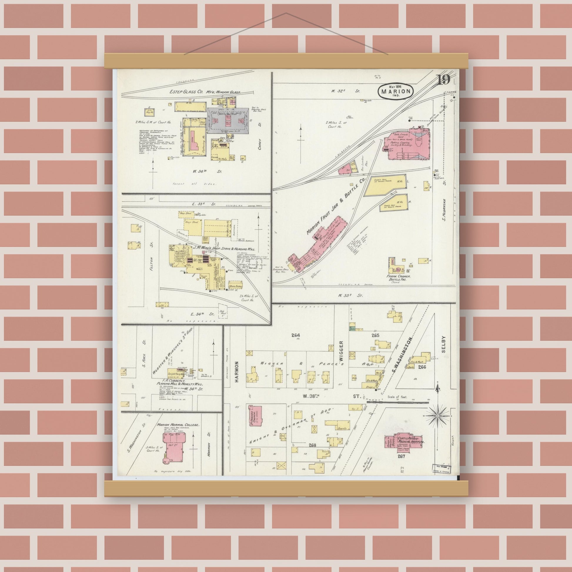 Old map wall art mockup — magnetic wood frame on brick wall — Sanborn Fire Insurance Map from Marion, Grant County, Indiana (1896), Sheet #0019