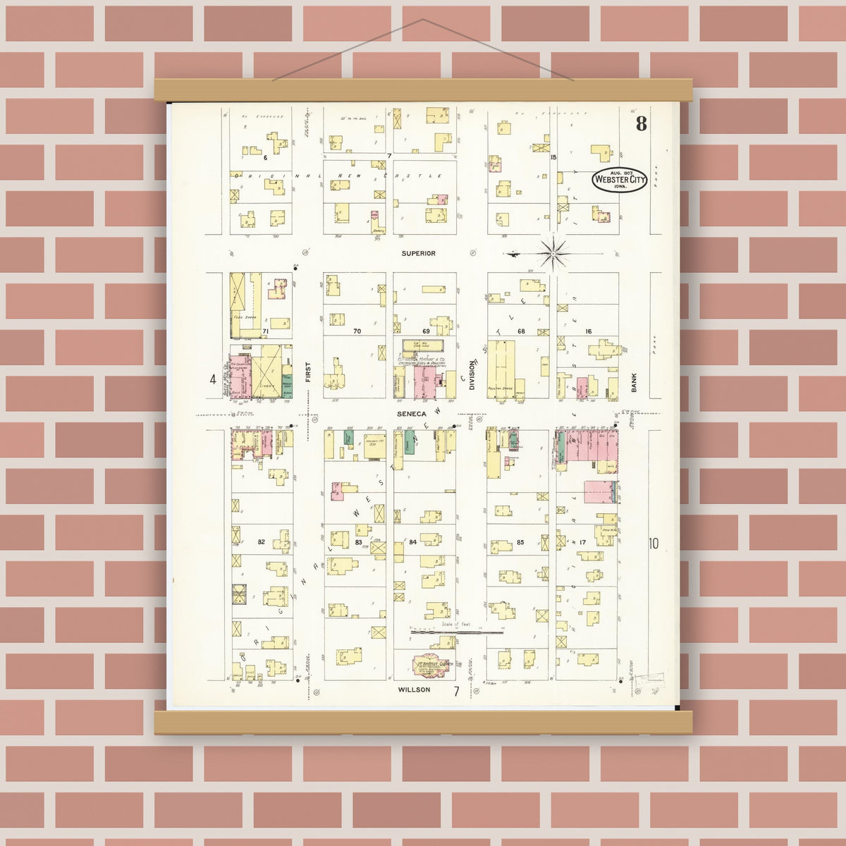 Old map wall art mockup — magnetic wood frame on brick wall — Sanborn Fire Insurance Map from Webster City, Hamilton County, Iowa (1907), Sheet #0008