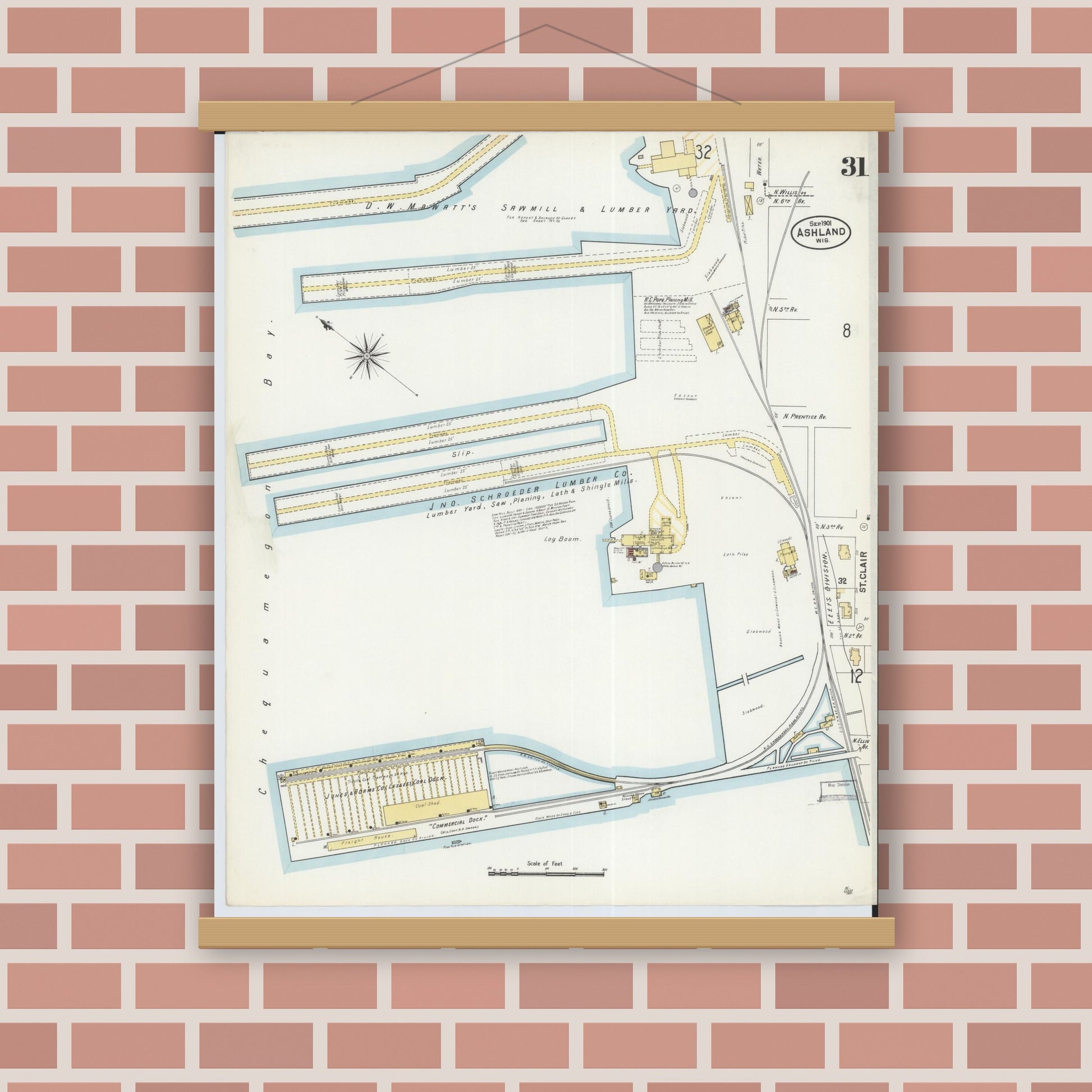 Old map wall art mockup — magnetic wood frame on brick wall — Sanborn Fire Insurance Map from Ashland, Ashland County, Wisconsin (1901), Sheet #0031