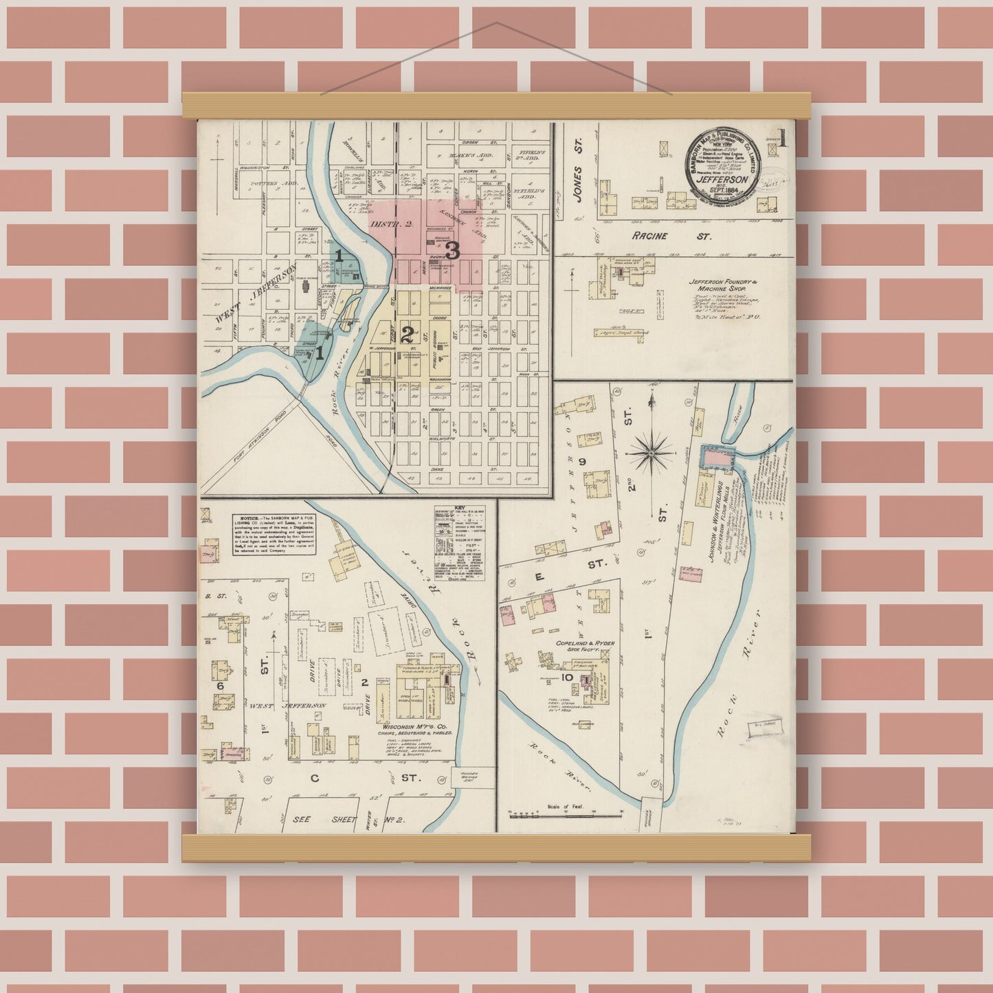 Old map wall art mockup — magnetic wood frame on brick wall — Sanborn Fire Insurance Map from Jefferson, Jefferson County, Wisconsin (1884), Sheet #0001