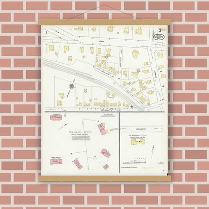 Old map wall art mockup — magnetic wood frame on brick wall — Sanborn Fire Insurance Map from Concord, Middlesex County, Massachusetts (1909), Sheet #0003