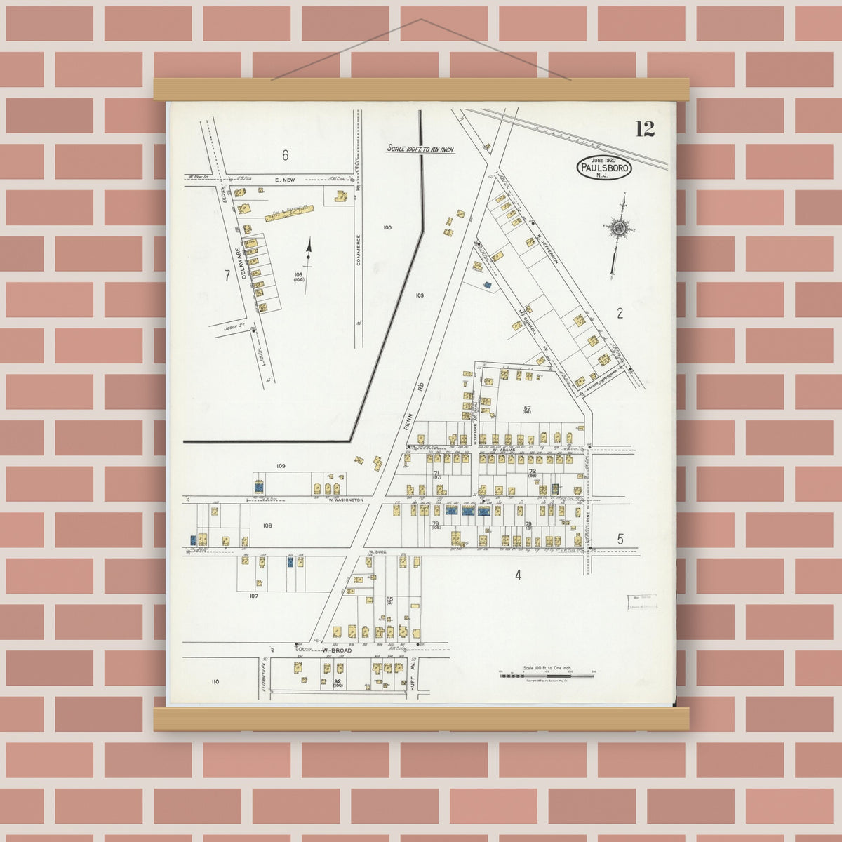 Old map wall art mockup — magnetic wood frame on brick wall — Sanborn Fire Insurance Map from Paulsboro, Gloucester County, New Jersey (1920), Sheet #0012