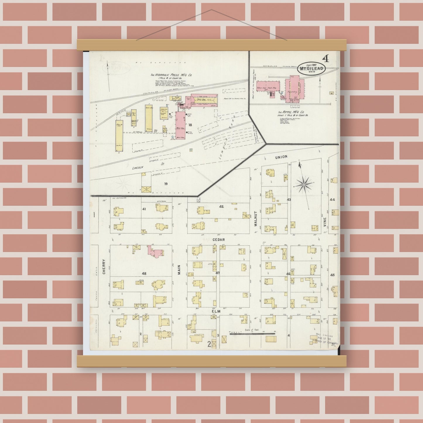 Old map wall art mockup — magnetic wood frame on brick wall — Sanborn Fire Insurance Map from Mount Gilead, Morrow County, Ohio (1897), Sheet #0004