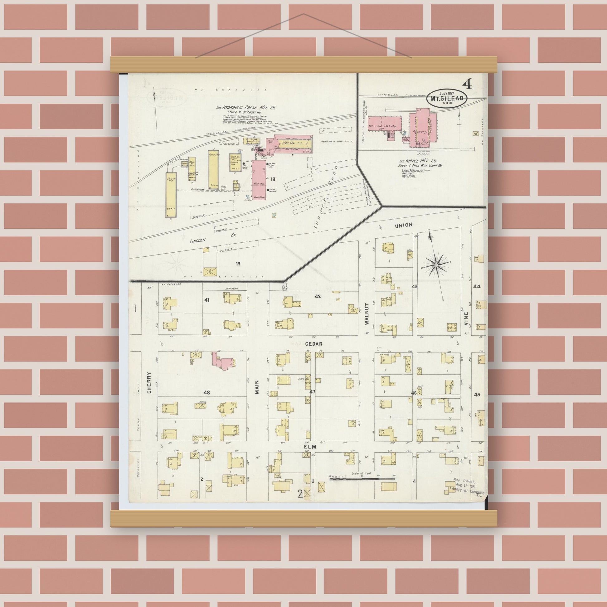 Old map wall art mockup — magnetic wood frame on brick wall — Sanborn Fire Insurance Map from Mount Gilead, Morrow County, Ohio (1897), Sheet #0004