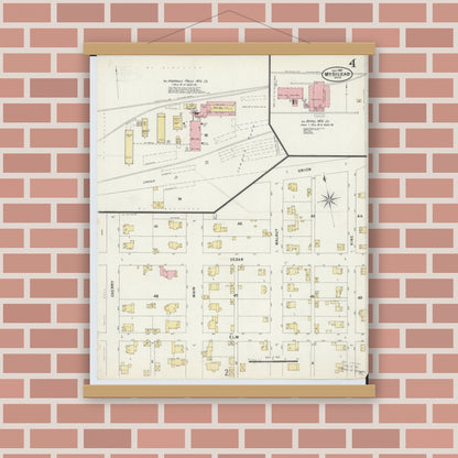 Old map wall art mockup — magnetic wood frame on brick wall — Sanborn Fire Insurance Map from Mount Gilead, Morrow County, Ohio (1897), Sheet #0004