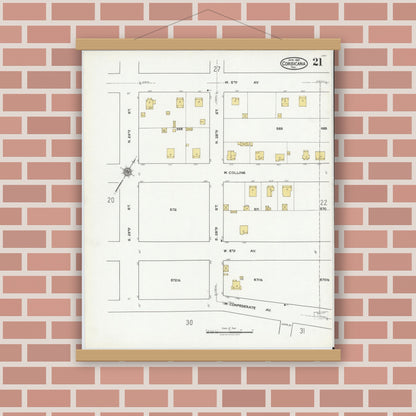 Old map wall art mockup — magnetic wood frame on brick wall — Sanborn Map from Corsicana, Navarro County, Texas (1921), Sheet #0021