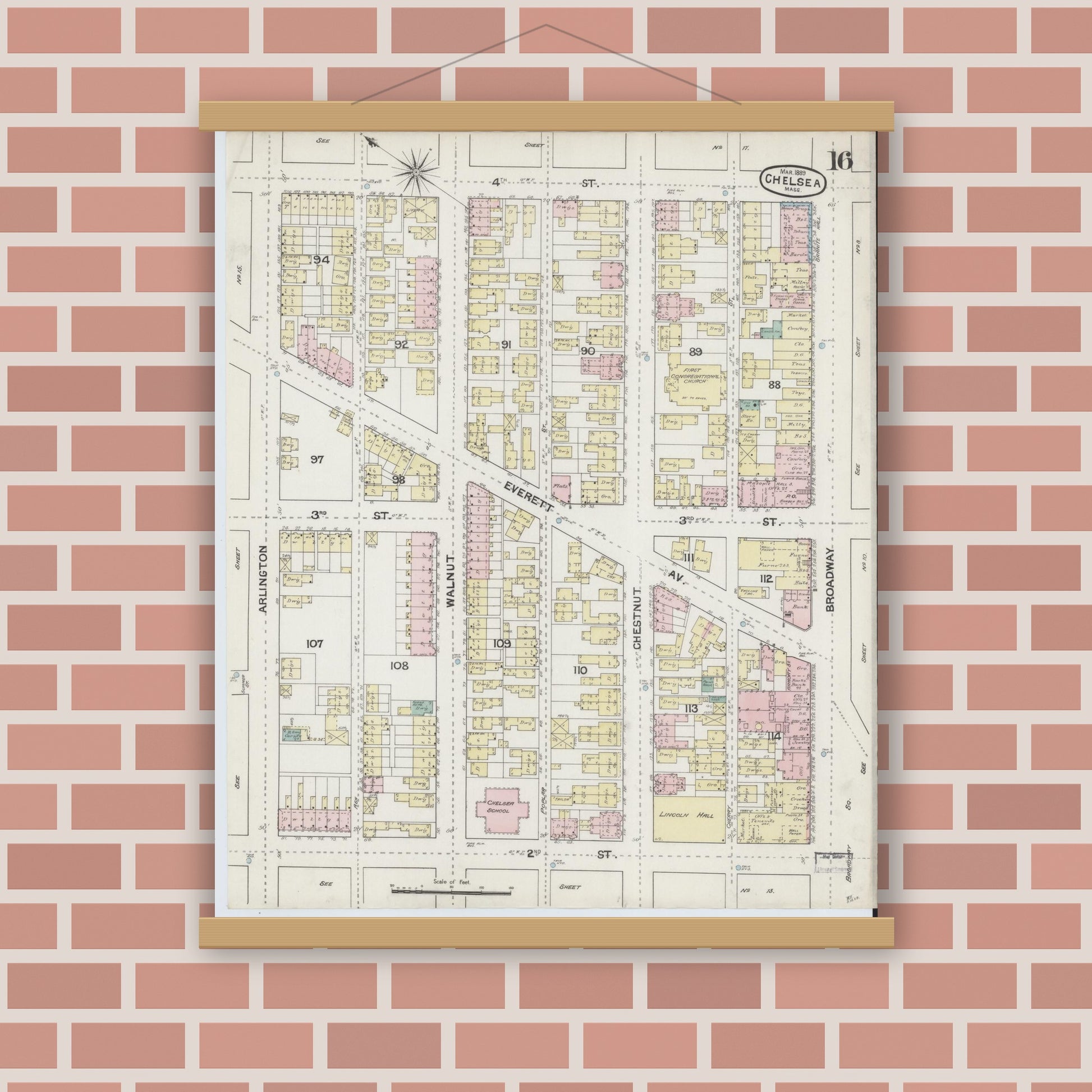 Old map wall art mockup — magnetic wood frame on brick wall — Sanborn Fire Insurance Map from Chelsea, Suffolk County, Massachusetts (1889), Sheet #0016