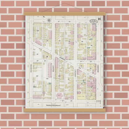 Old map wall art mockup — magnetic wood frame on brick wall — Sanborn Fire Insurance Map from Chelsea, Suffolk County, Massachusetts (1889), Sheet #0016