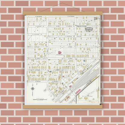 Old map wall art mockup — magnetic wood frame on brick wall — Sanborn Fire Insurance Map from Ironwood, Gogebic County, Michigan (1921), Sheet #0023