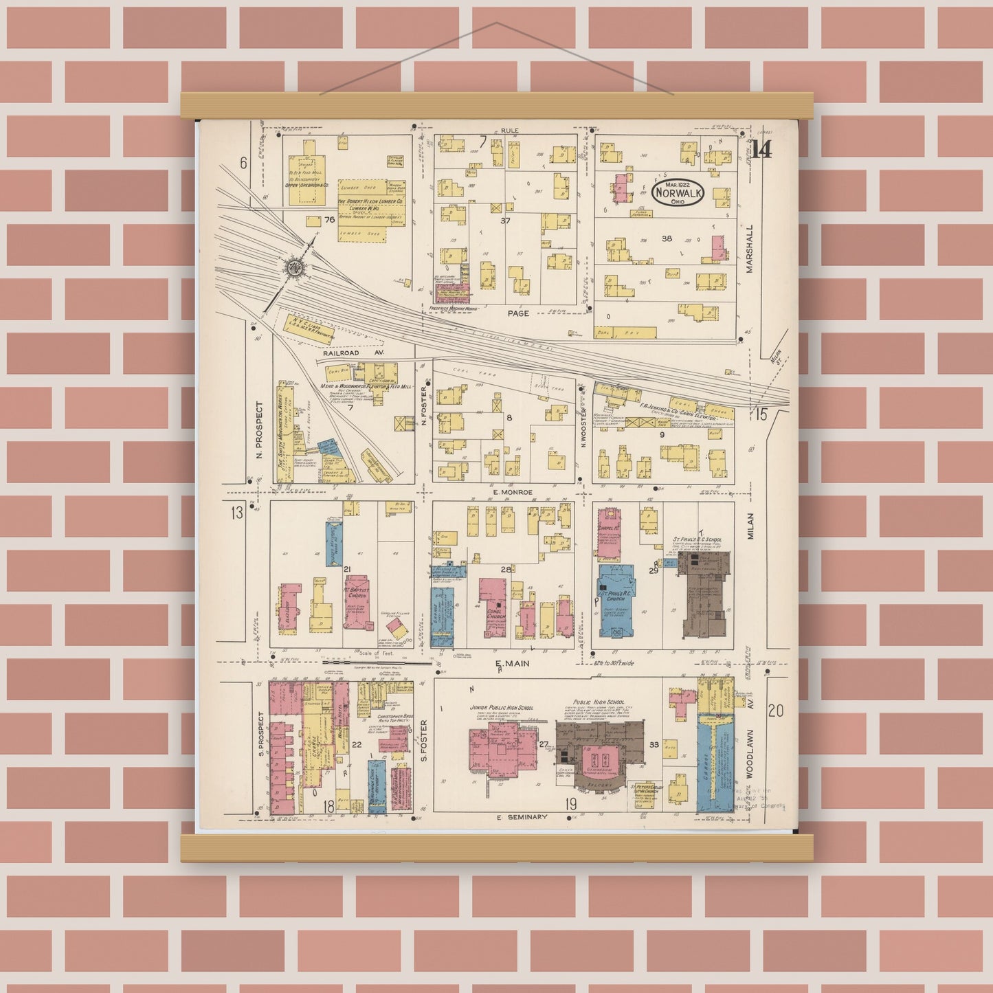 Old map wall art mockup — magnetic wood frame on brick wall — Sanborn Fire Insurance Map from Norwalk, Huron County, Ohio (1922), Sheet #0014